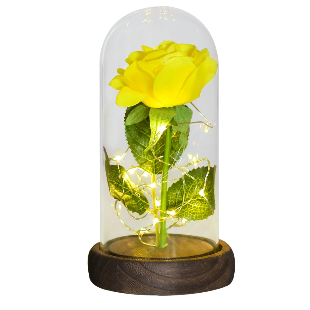 Lighted Yellow Rose Glass Dome Trending Gift